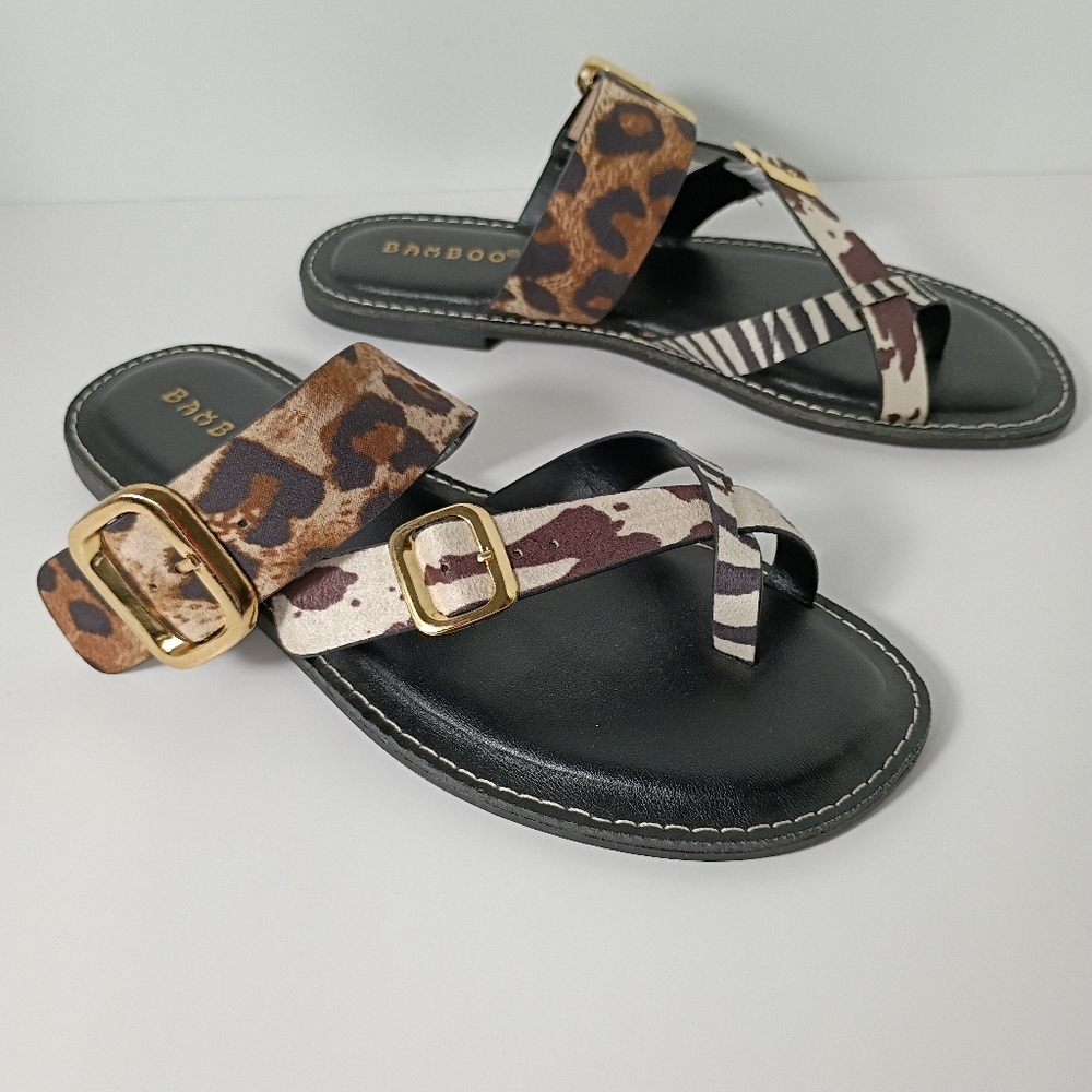 BAMBOO Animal Print Leather Strap Sandals — Brown, Black, Cream